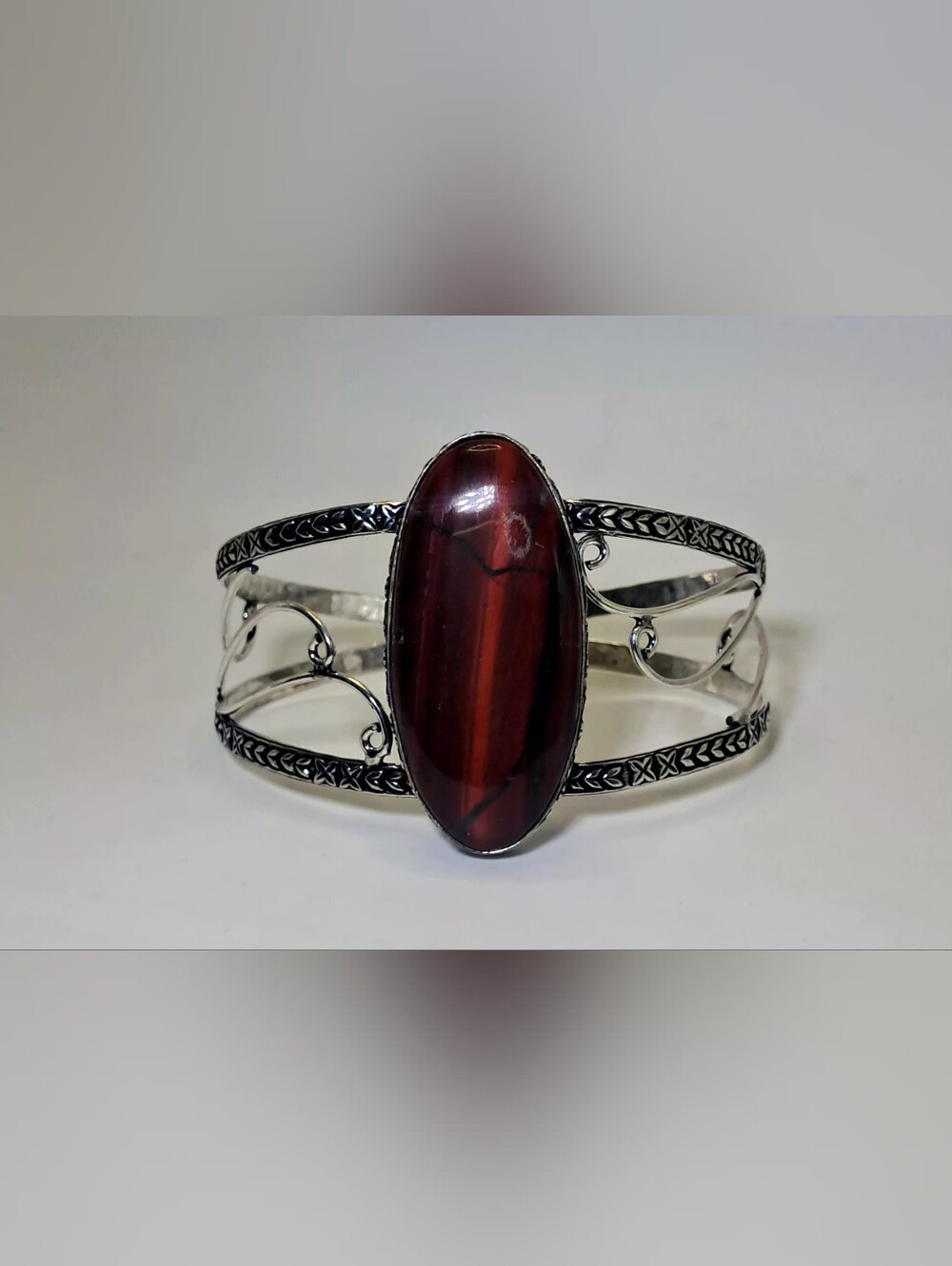 Vintage 925 Sterling Silver Red Tiger's Eye Oval Statement Cuff Bracelet - Picture 4 of 11